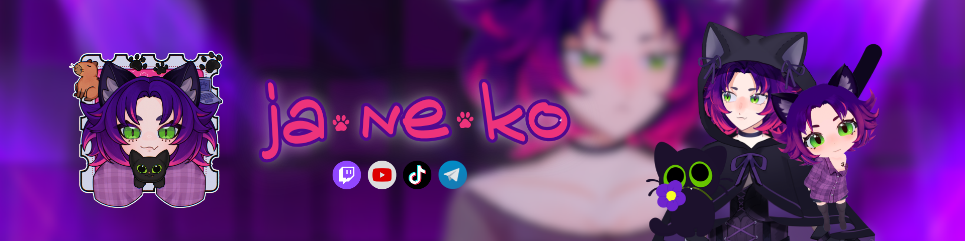 Джанеко: фиолетоволосая vtuber-кошка с зелёными глазами и чёрным котиком